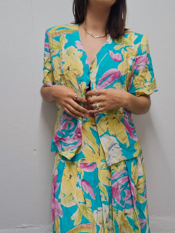 Ensemble vintage vert et bleu à fleurs L