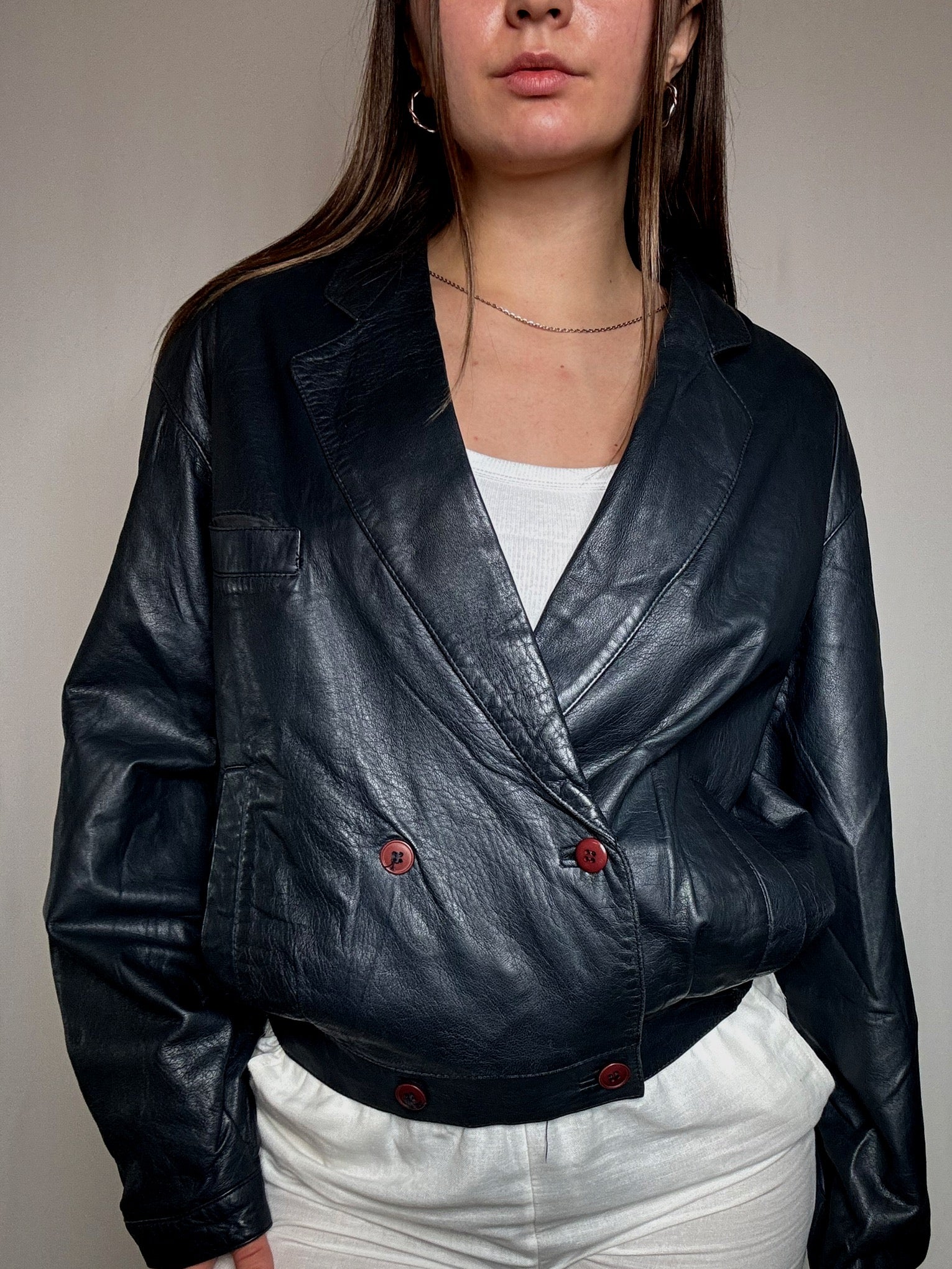 Veste en cuir marine L vintage