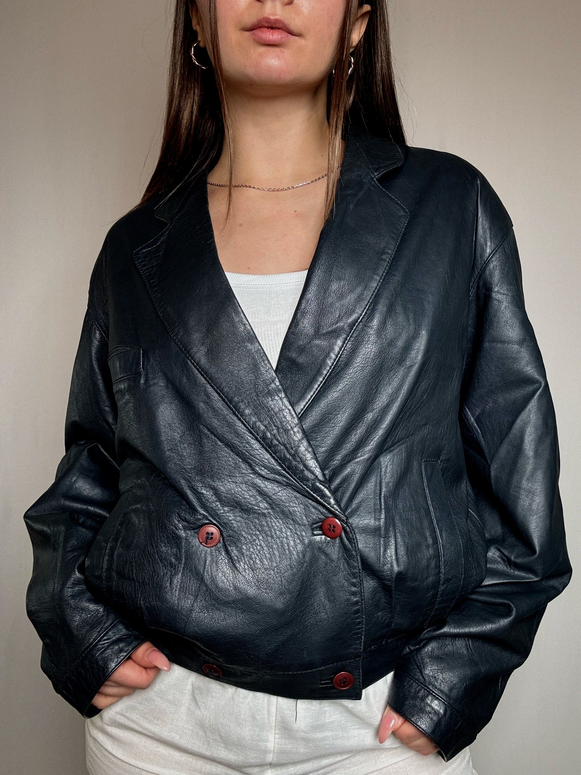 Veste en cuir marine L vintage