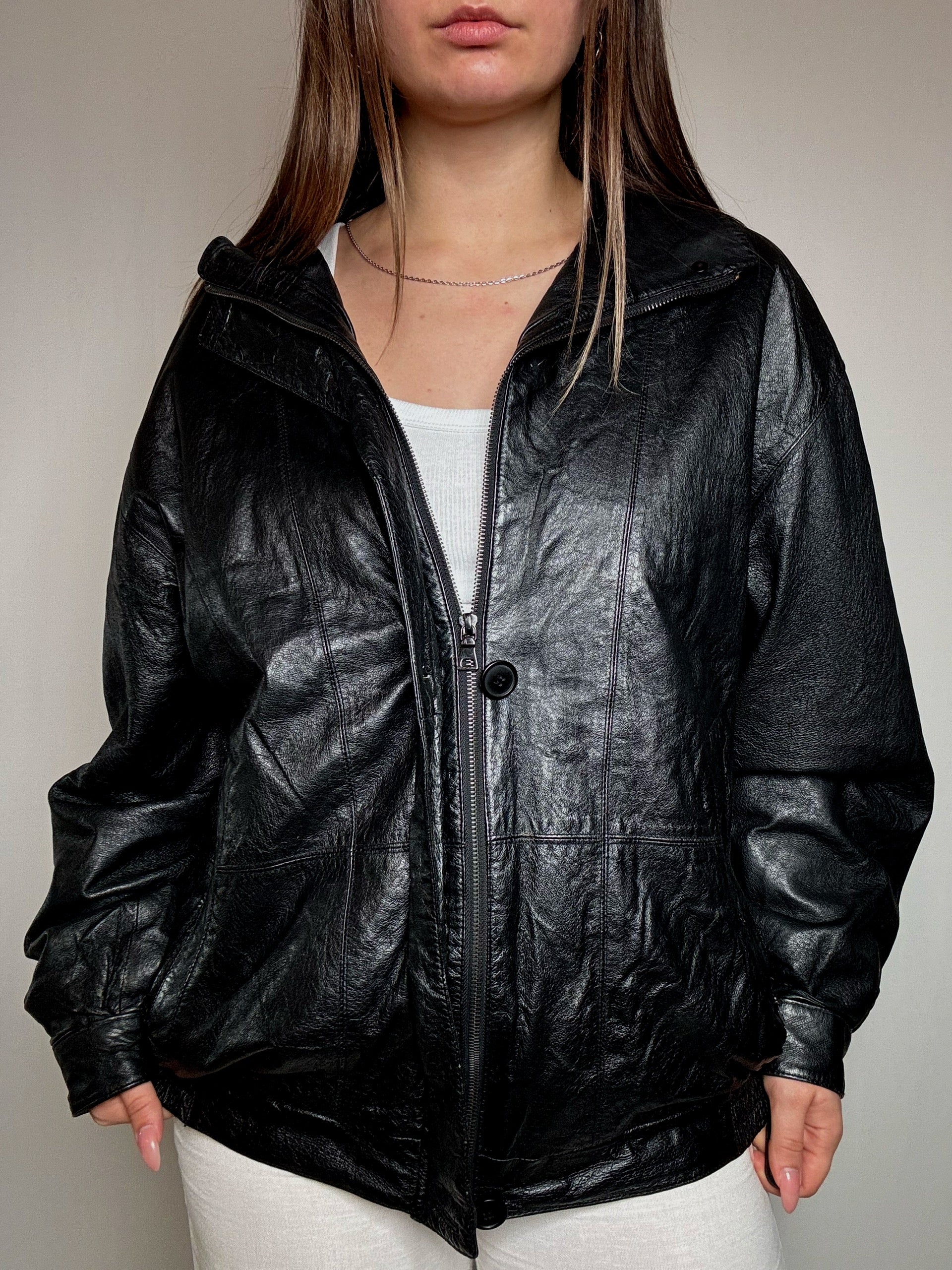 Bomber en cuir noir L/XL vintage