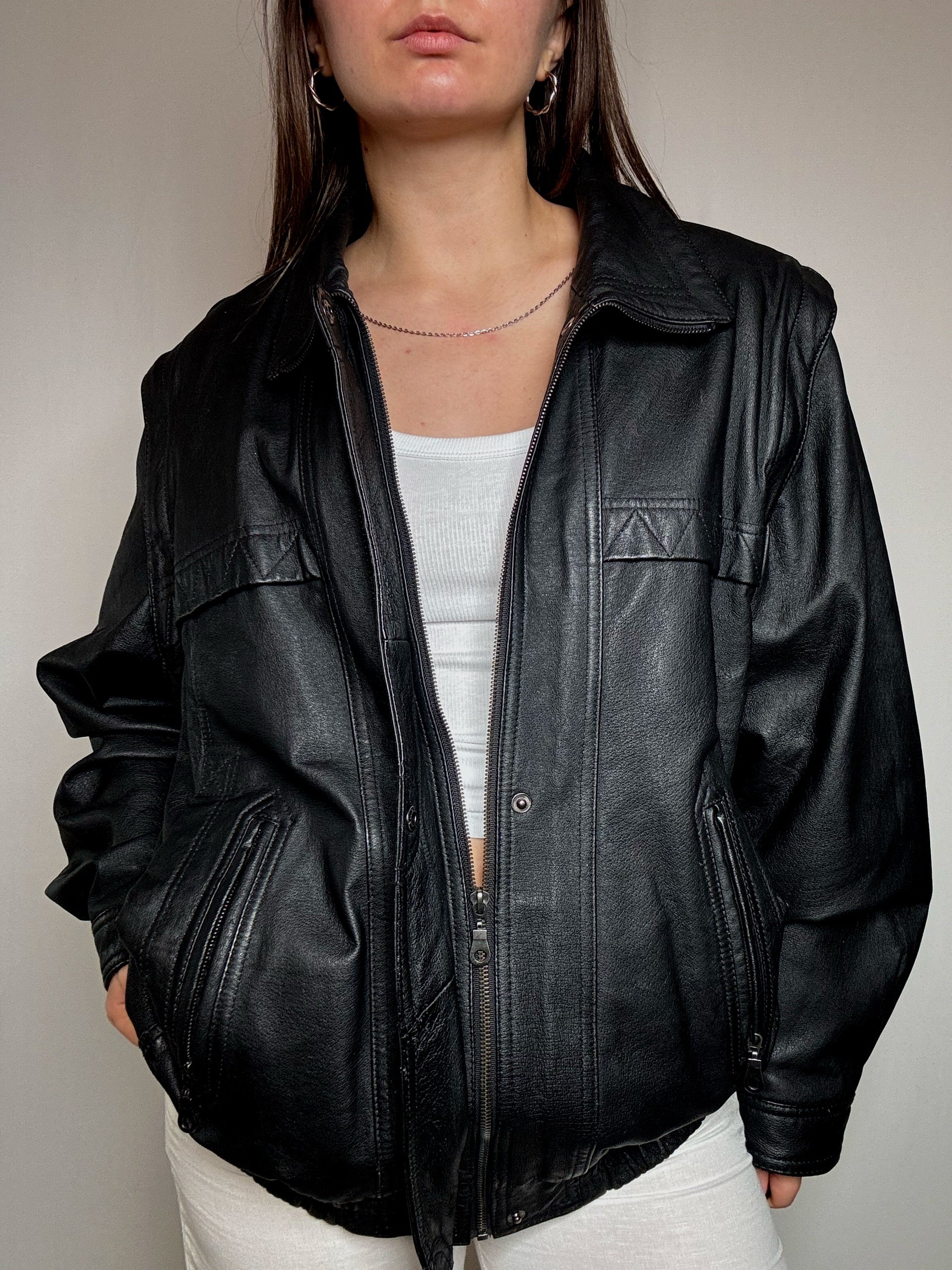 Bomber en cuir noir XL vintage