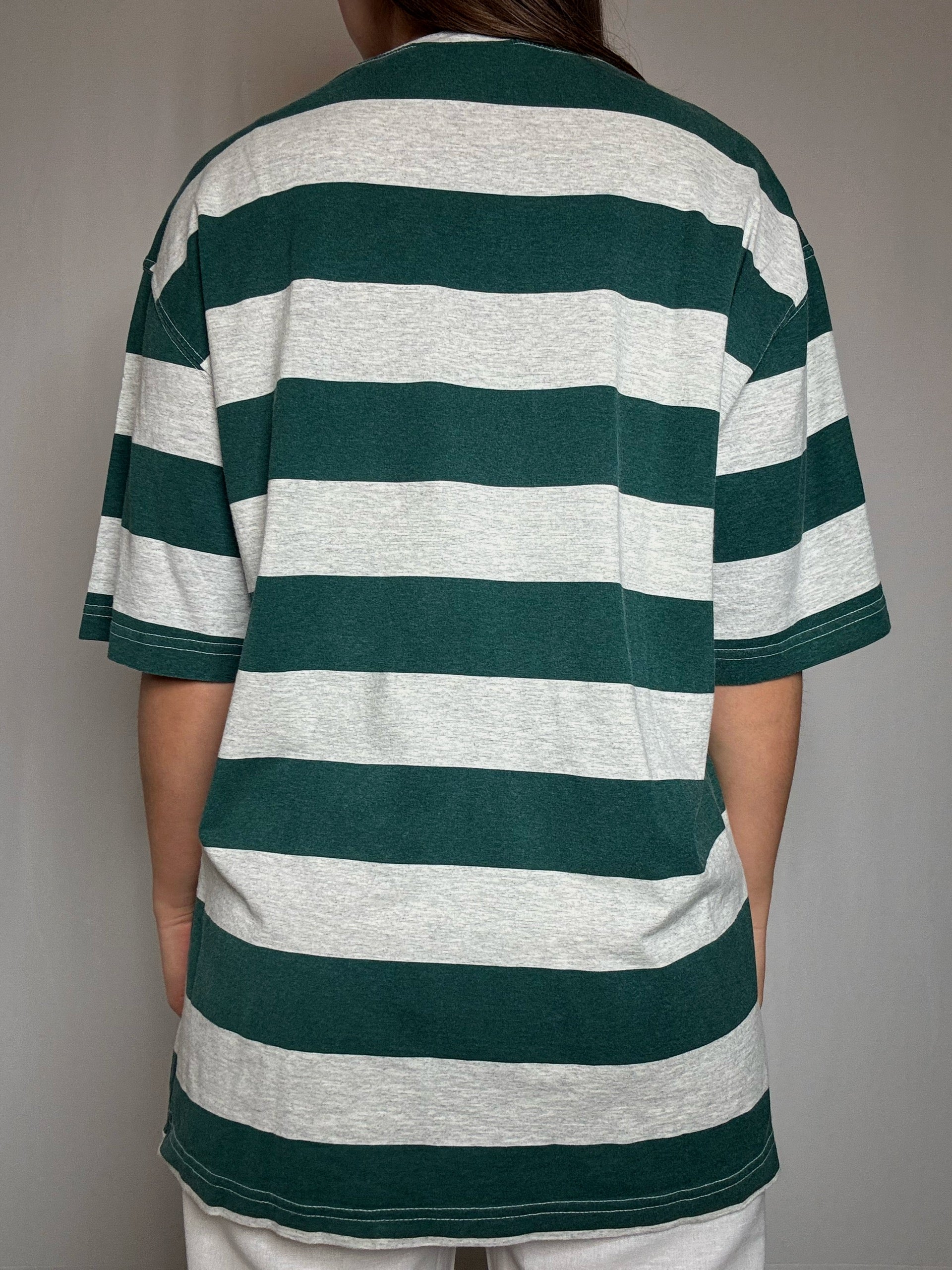 Gestreiftes T-Shirt, grau und grün, bestickt, Gr. L, Vintage