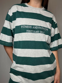 Gestreiftes T-Shirt, grau und grün, bestickt, Gr. L, Vintage