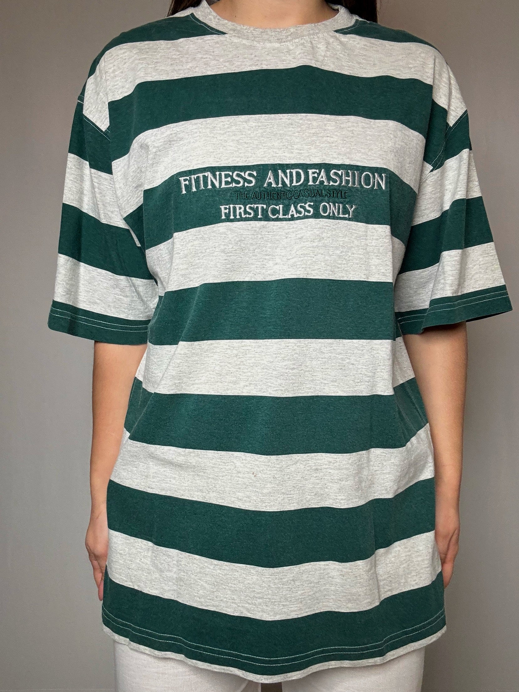 Gestreiftes T-Shirt, grau und grün, bestickt, Gr. L, Vintage