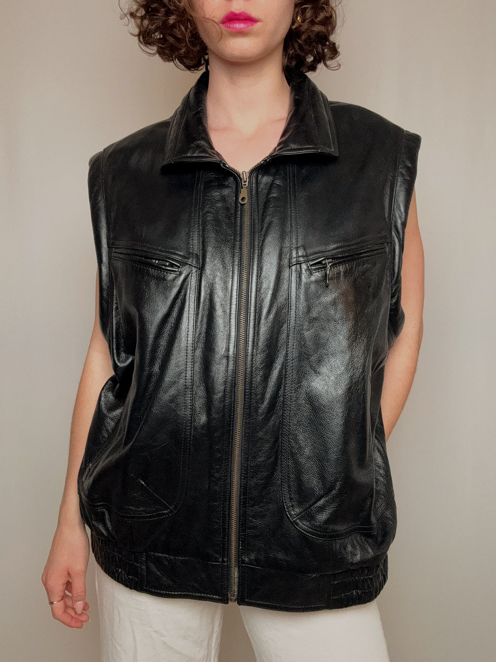Vintage black leather waistcoat XL