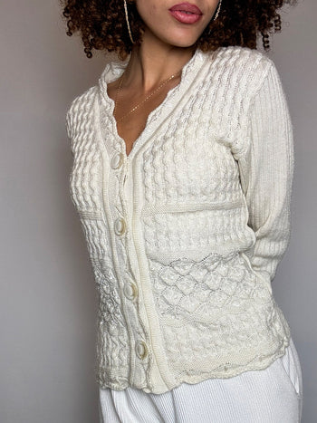 Cardigan fitté en laine beige M/L vintage