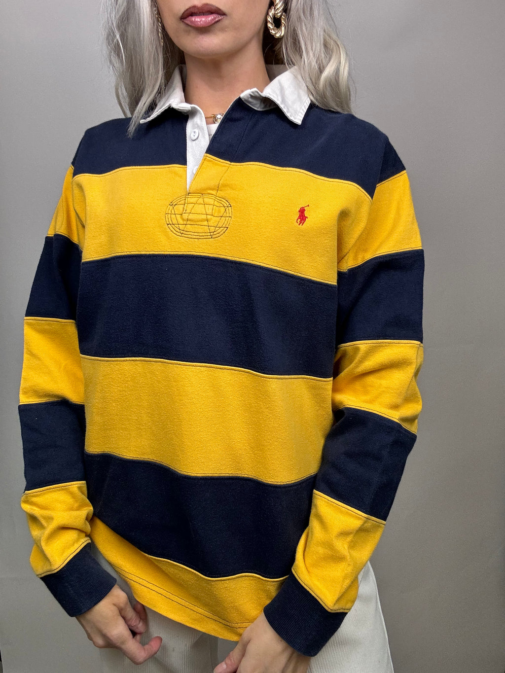 Vintage Ralph Lauren Yellow and Navy Long Sleeve Polo Shirt M
