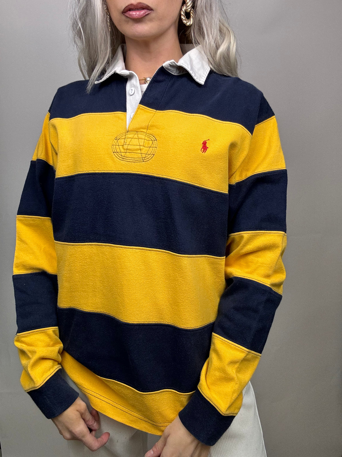 Vintage Ralph Lauren Yellow and Navy Long Sleeve Polo Shirt M