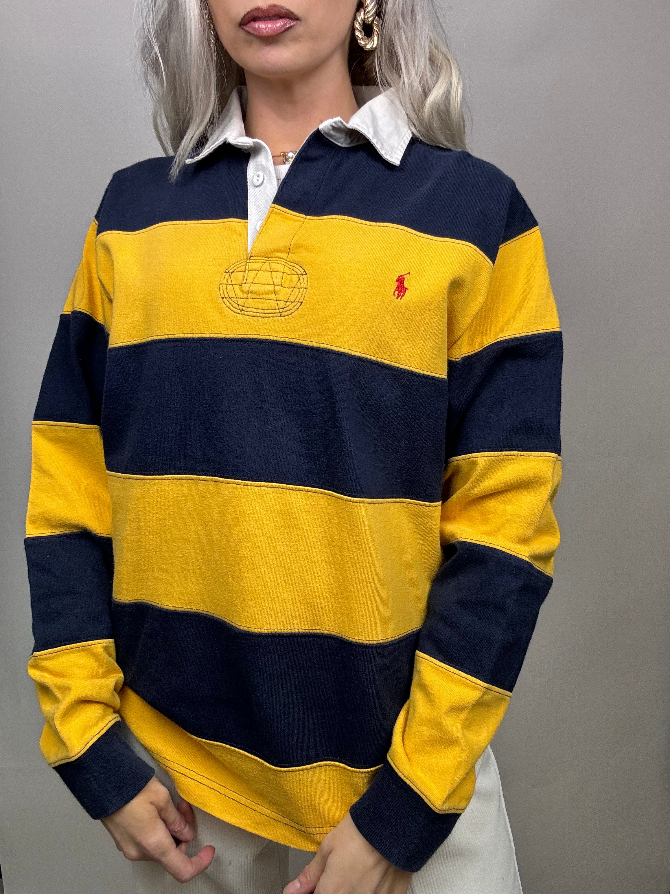 Vintage Ralph Lauren Yellow and Navy Long Sleeve Polo Shirt M