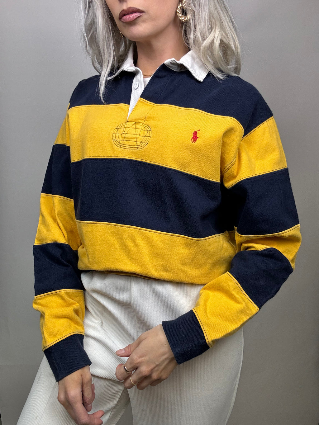 Vintage Ralph Lauren Yellow and Navy Long Sleeve Polo Shirt M