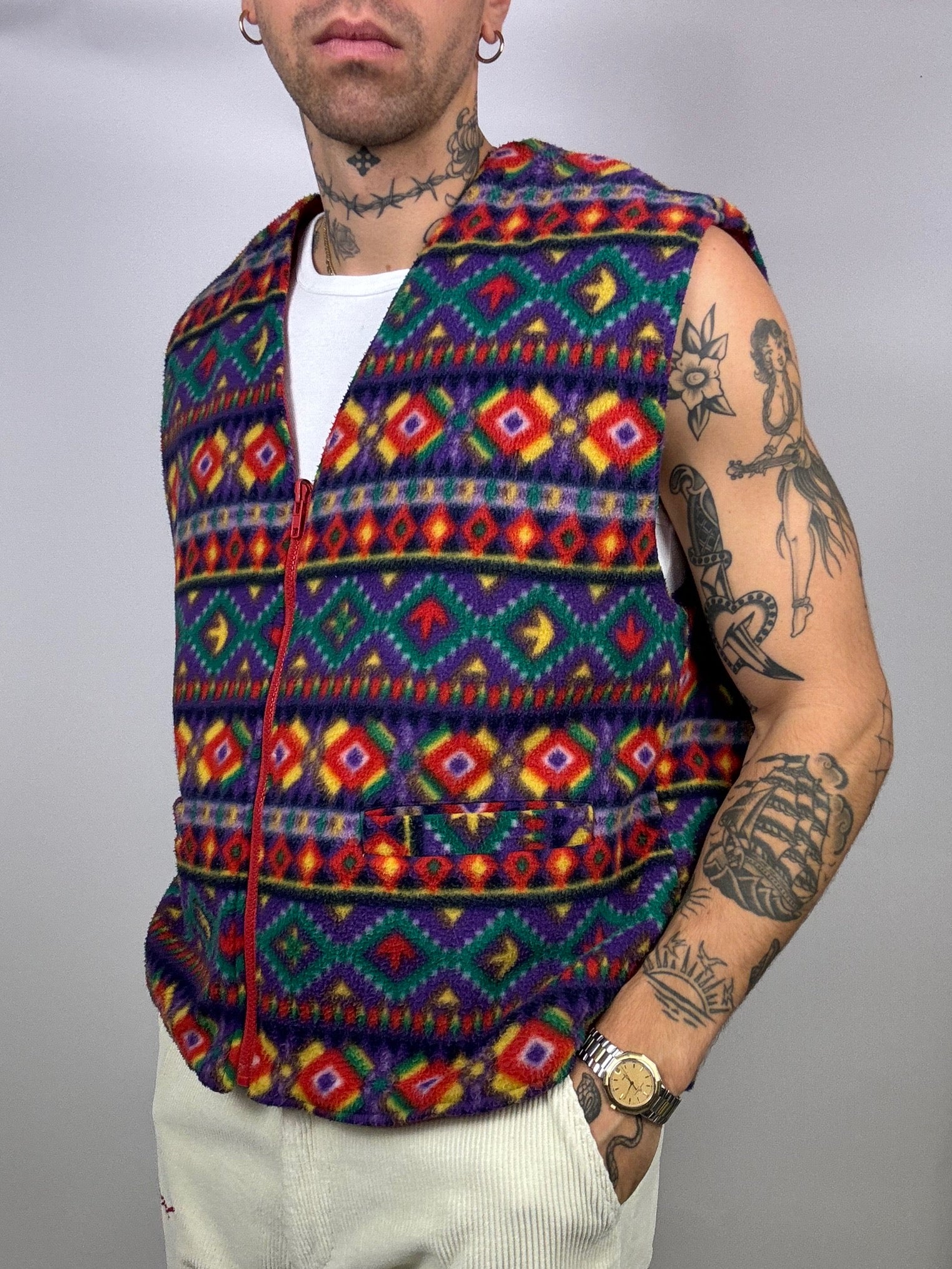 Gilet polaire Reversible à motif et col V L/XL Vintage
