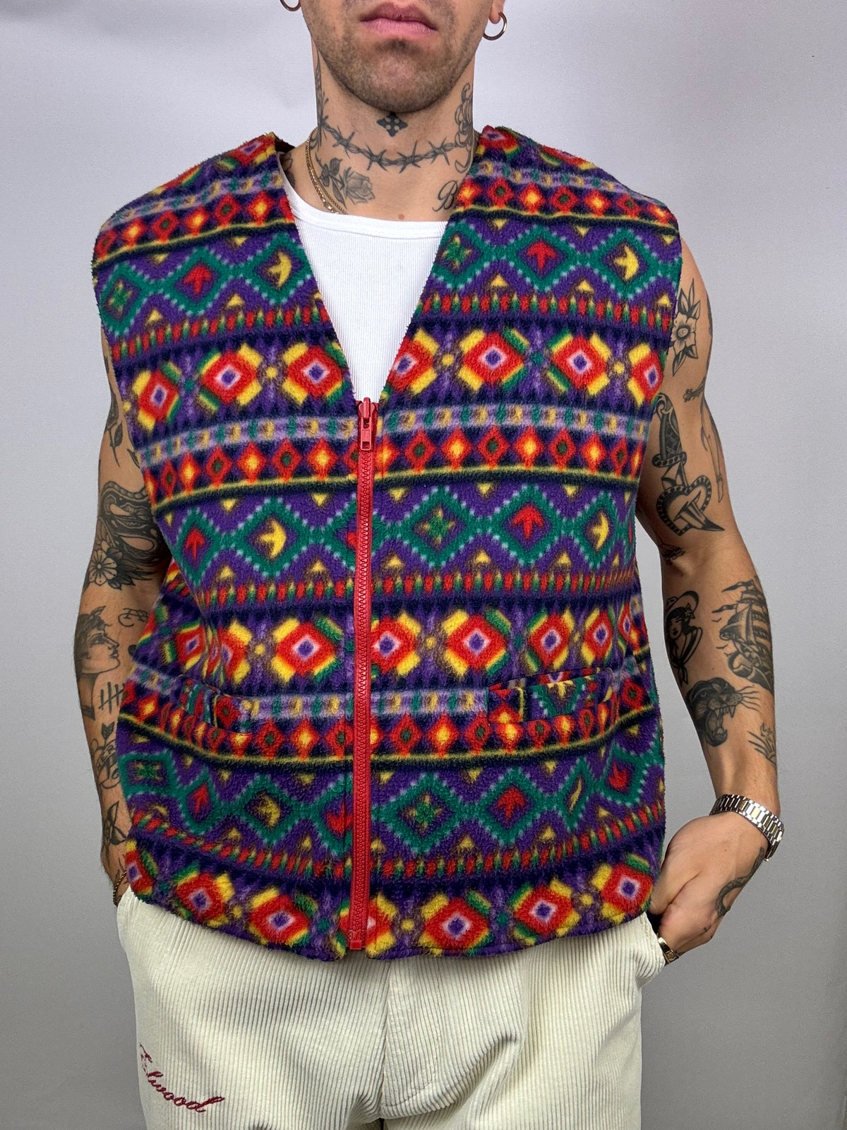 Gilet polaire Reversible à motif et col V L/XL Vintage