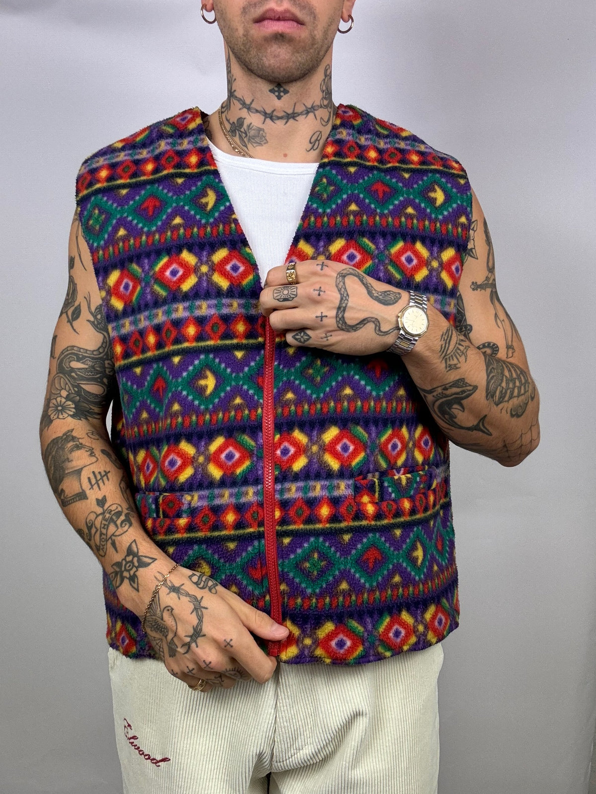 Gilet polaire Reversible à motif et col V L/XL Vintage