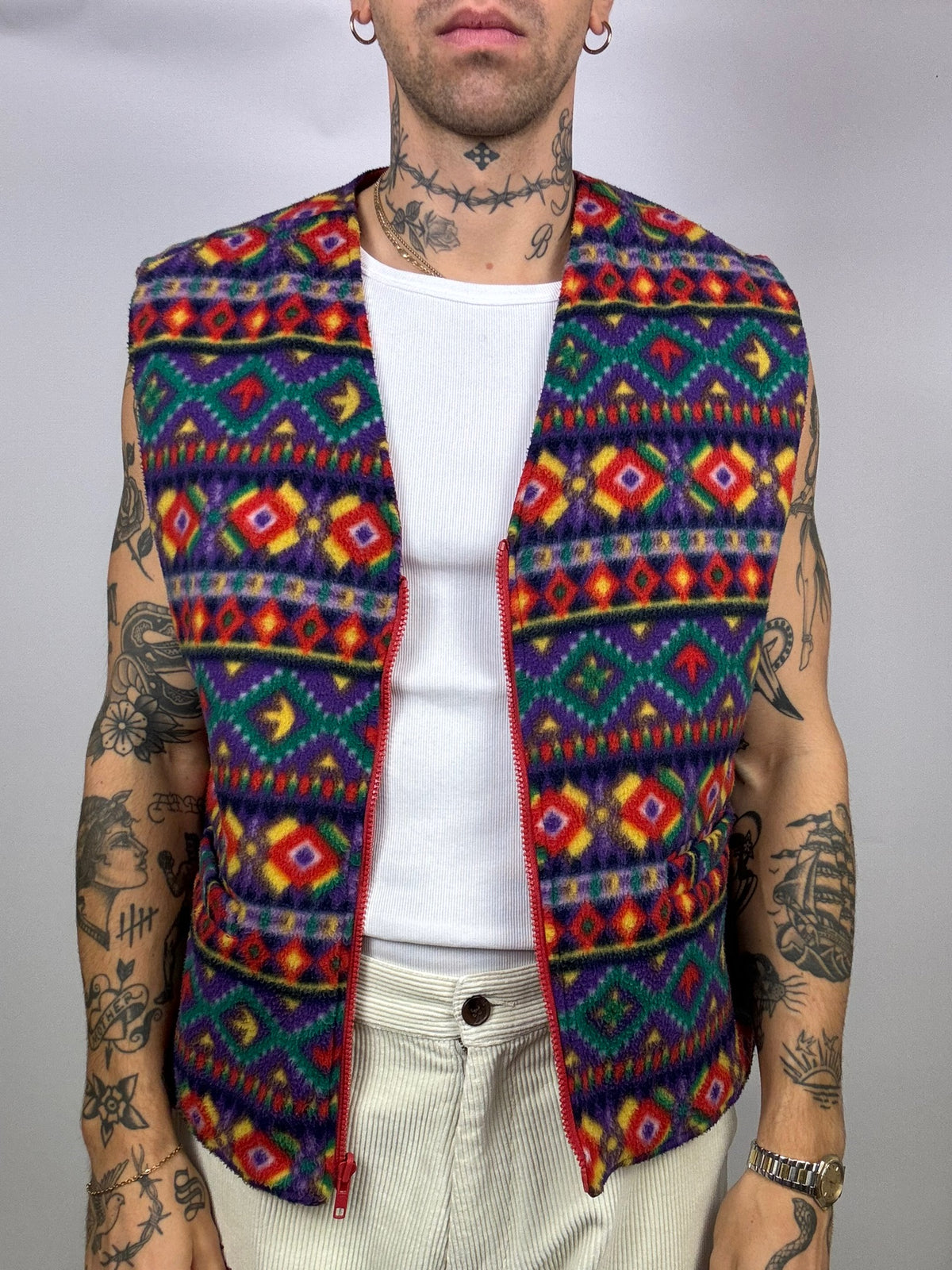 Gilet polaire Reversible à motif et col V L/XL Vintage