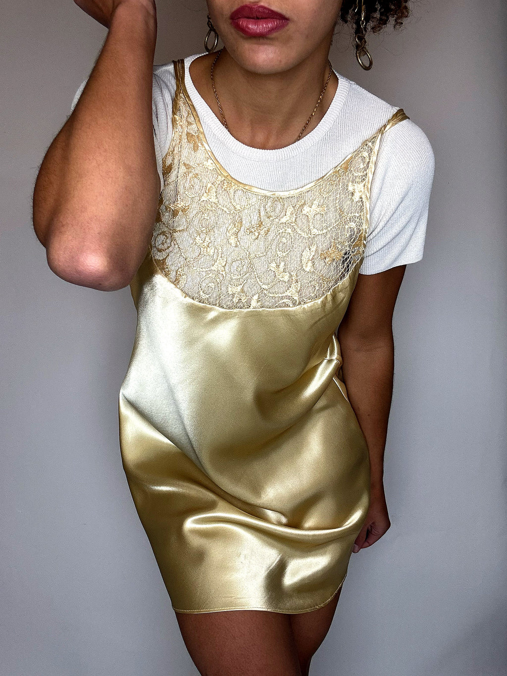 Golden lingerie dress with lace neckline S vintage