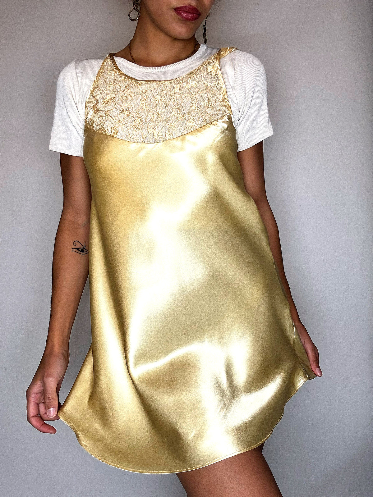 Golden lingerie dress with lace neckline S vintage
