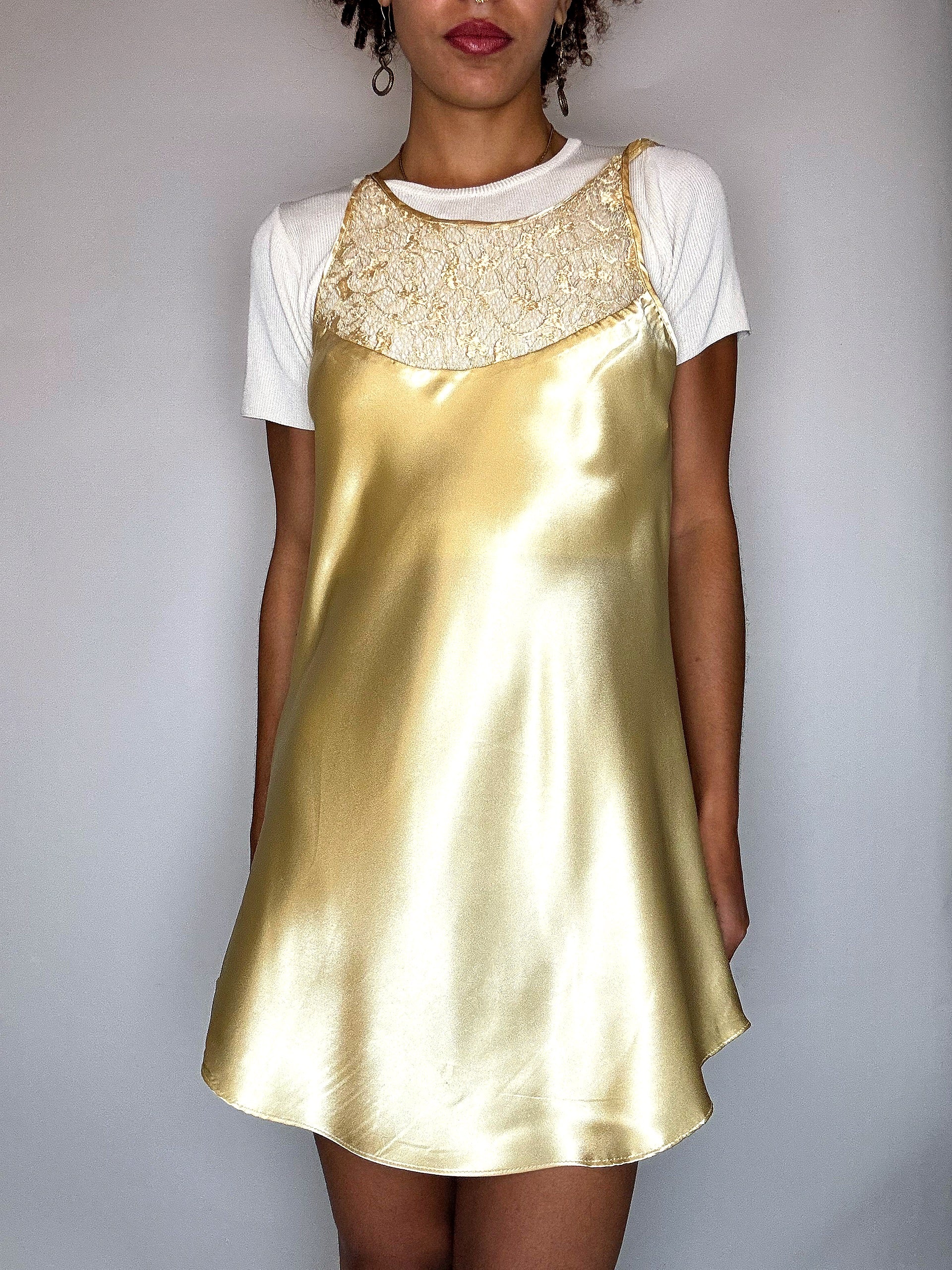 Golden lingerie dress with lace neckline S vintage
