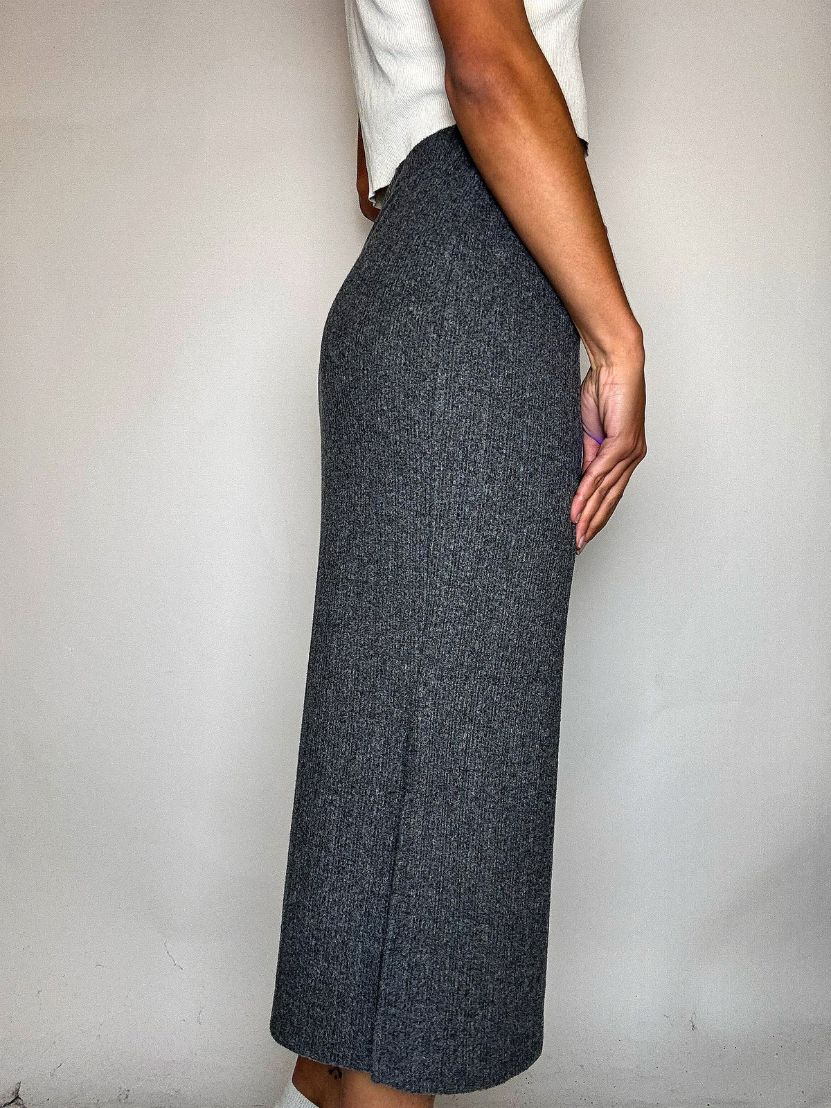 Jupe midi fendue en maille grise M/L vintage