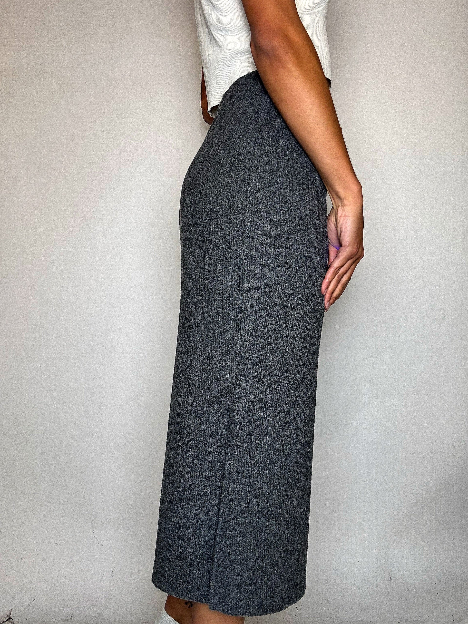 Vintage grauer Strick-Midirock mit Schlitz, Größe M/L