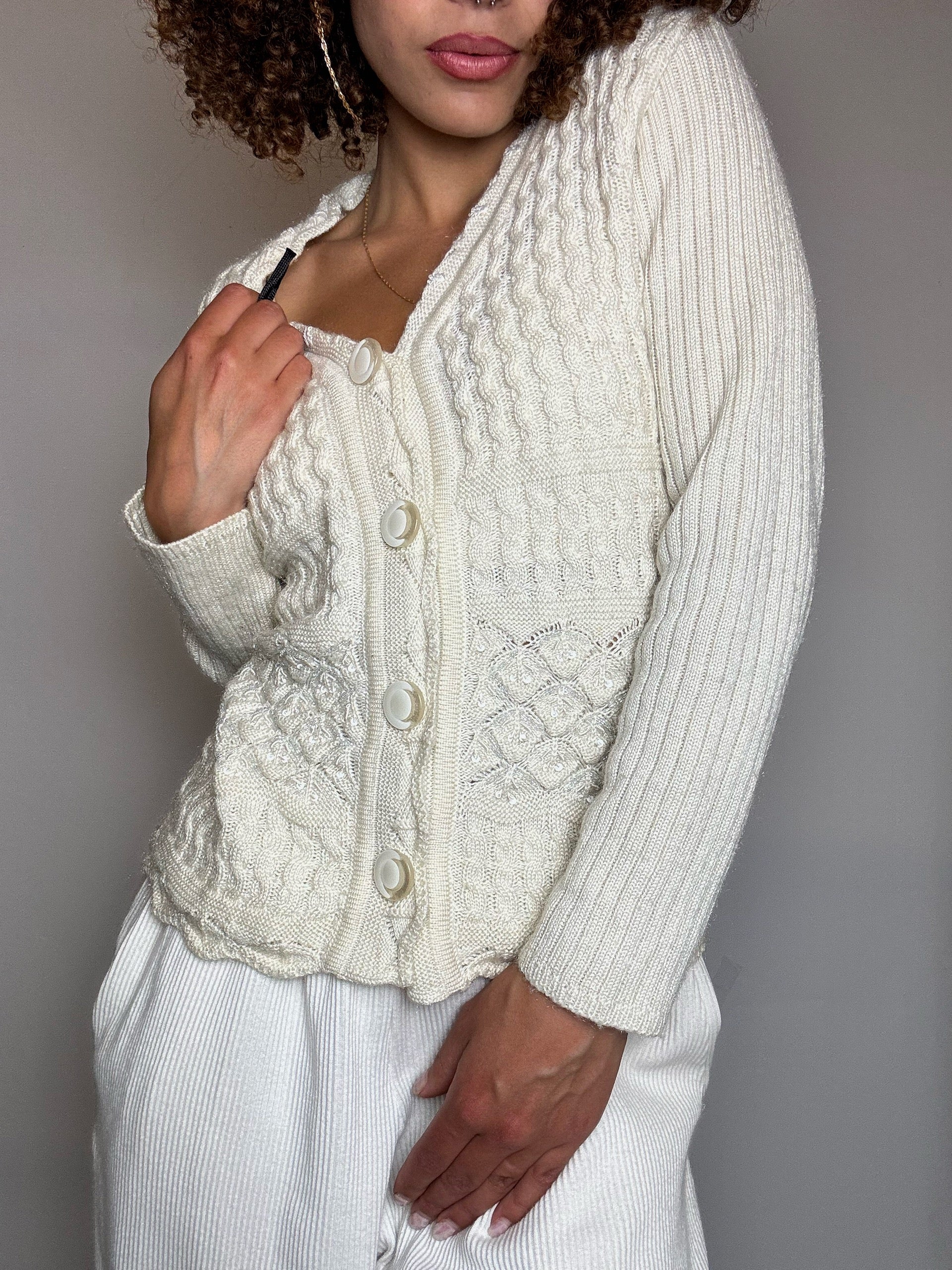 Cardigan fitté en laine beige M/L vintage