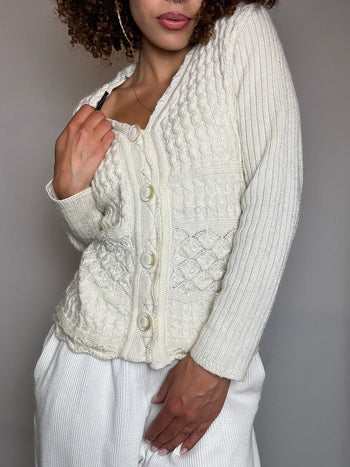 Cardigan fitté en laine beige M/L vintage