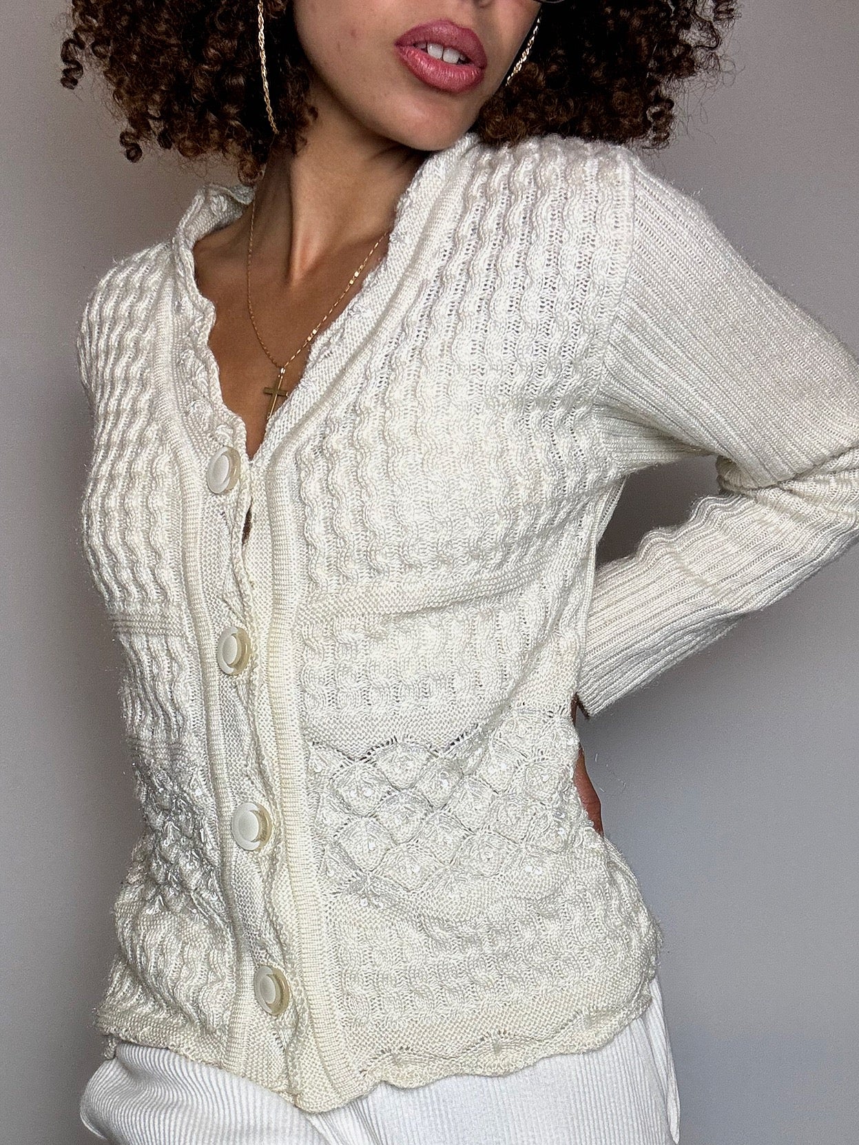 Cardigan fitté en laine beige M/L vintage