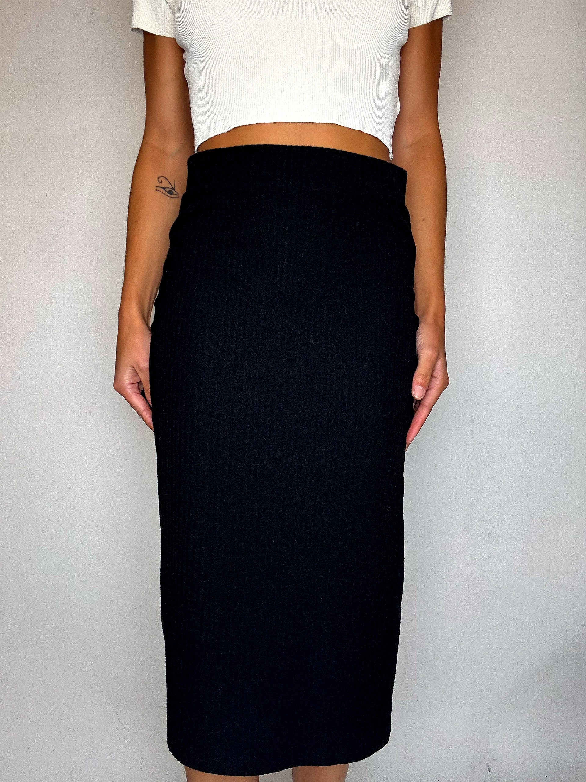 Schwarzer Vintage-Strick-Midirock mit Schlitz, Größe S/M