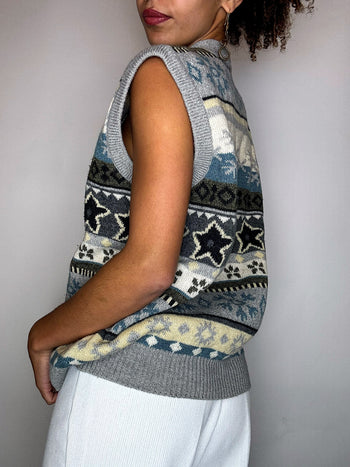 Gilet en maille bleu gris et beige L/XL vintage