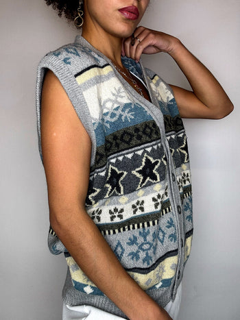 Gilet en maille bleu gris et beige L/XL vintage