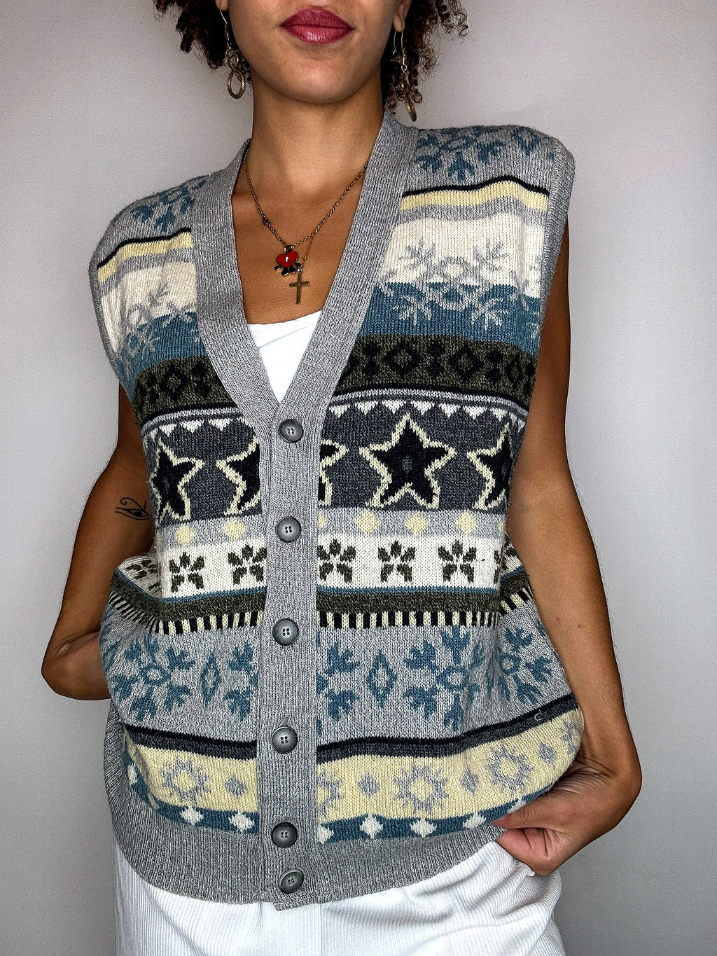 Gilet en maille bleu gris et beige L/XL vintage