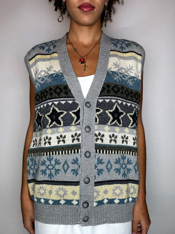 Gilet en maille bleu gris et beige L/XL vintage