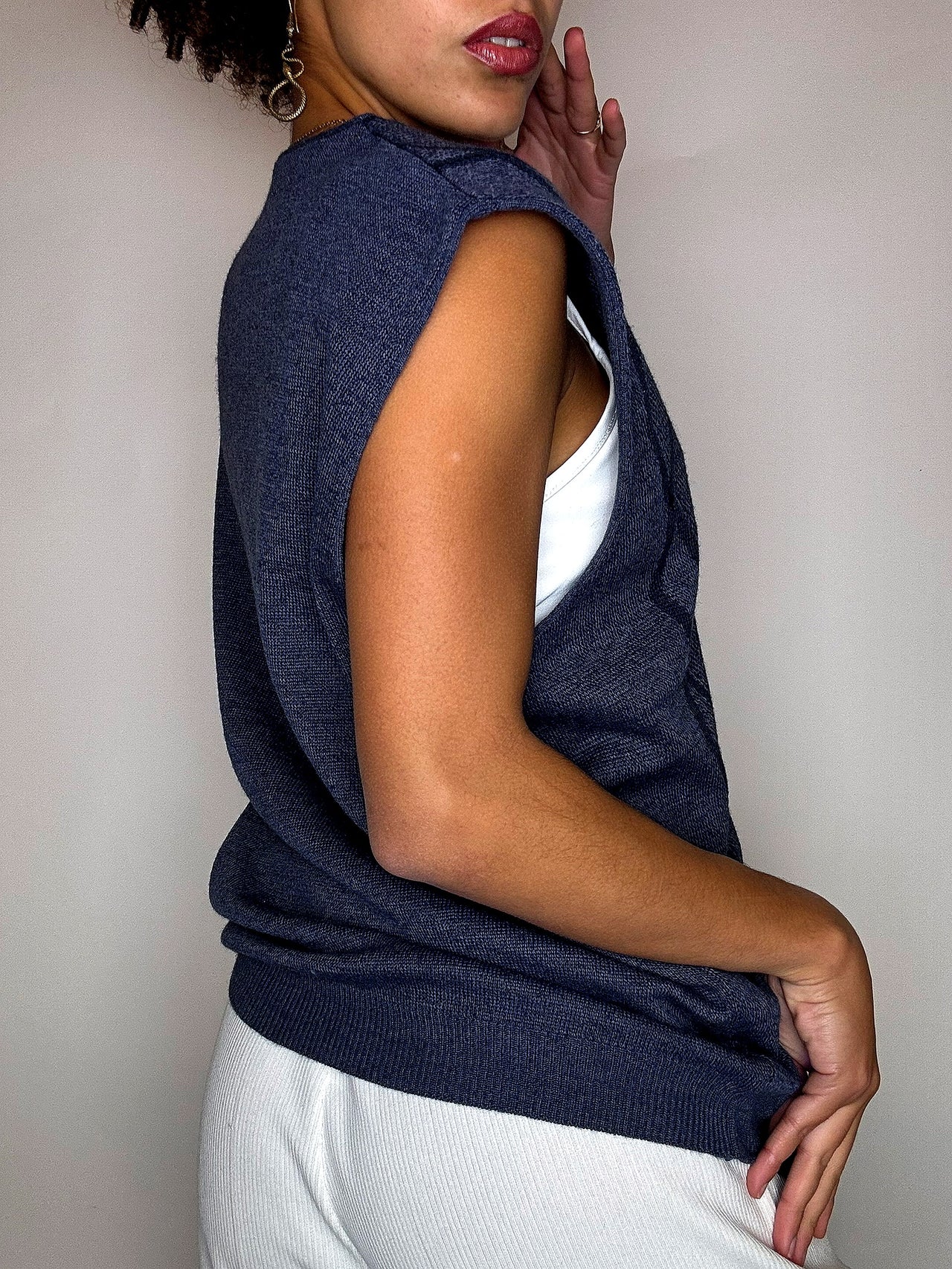 Gilet en maille bleu marine à carreaux L/XL vintage