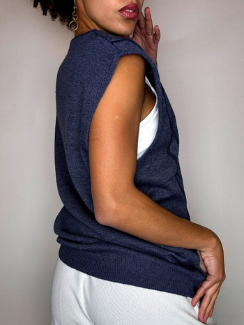 Gilet en maille bleu marine à carreaux L/XL vintage
