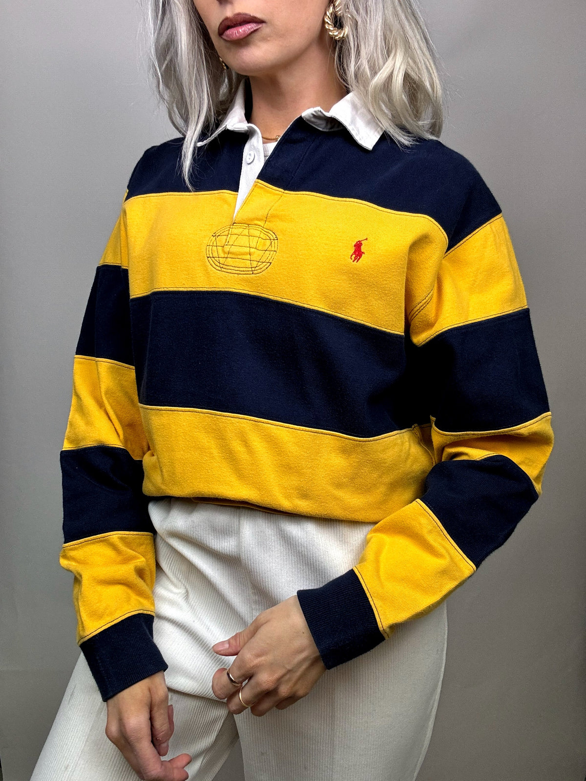Vintage Ralph Lauren Yellow and Navy Long Sleeve Polo Shirt M