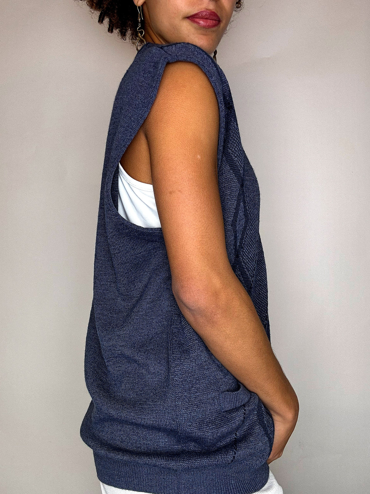 Gilet en maille bleu marine à carreaux L/XL vintage