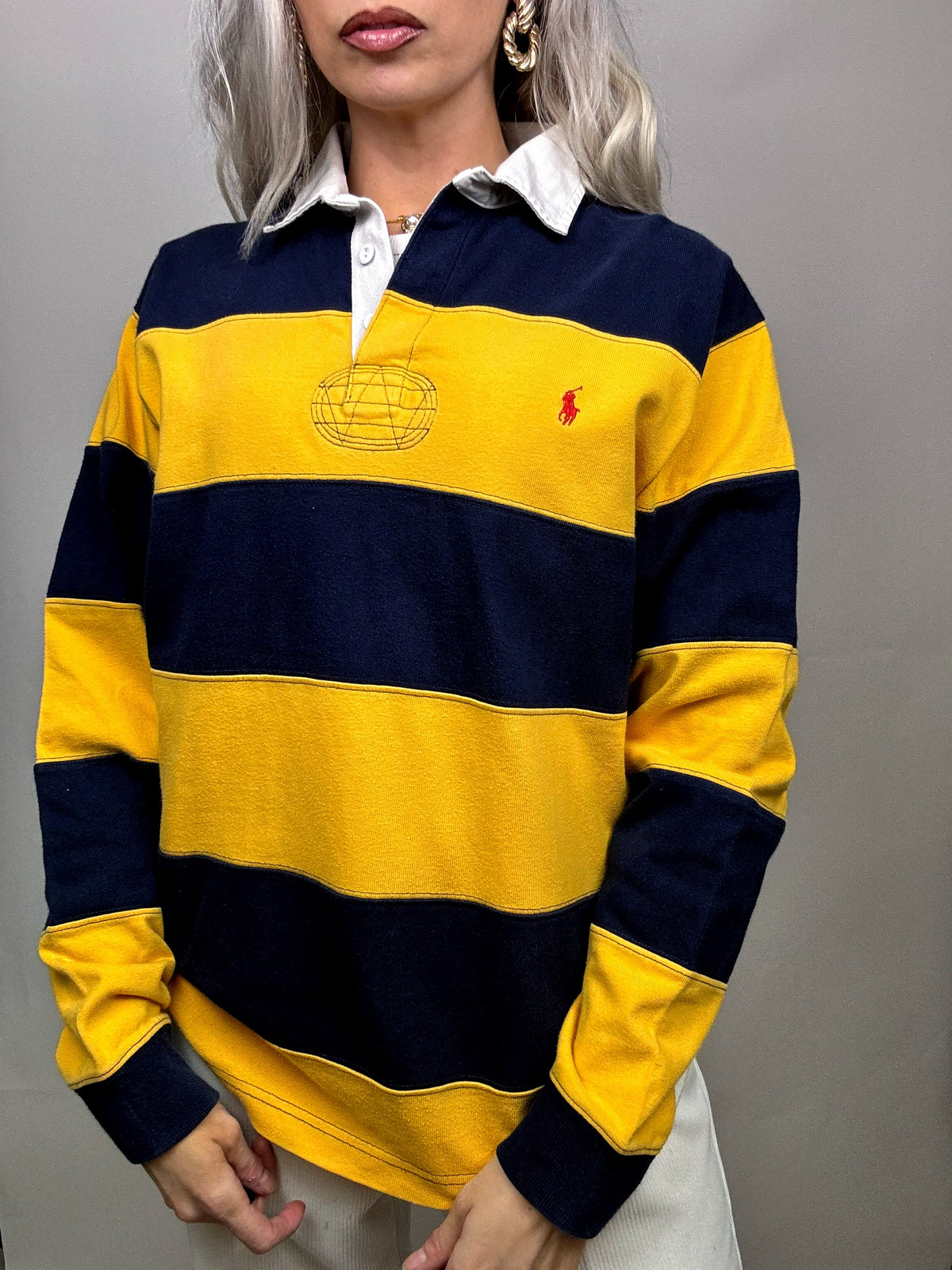 Vintage Ralph Lauren Yellow and Navy Long Sleeve Polo Shirt M