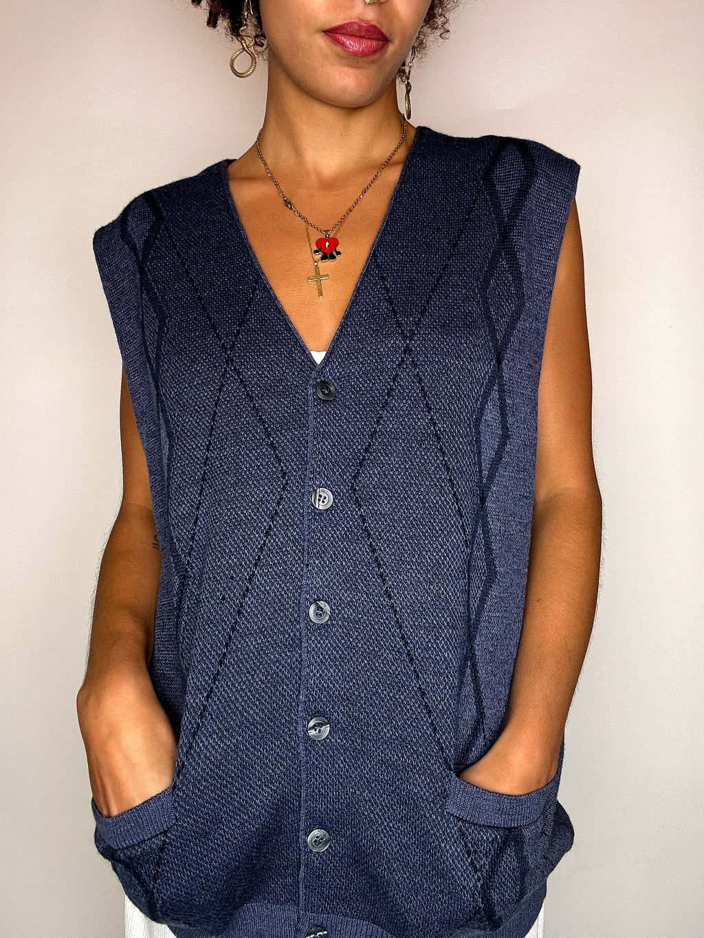 Vintage navy blue plaid knit vest L/XL