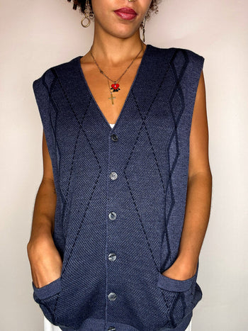 Gilet en maille bleu marine à carreaux L/XL vintage
