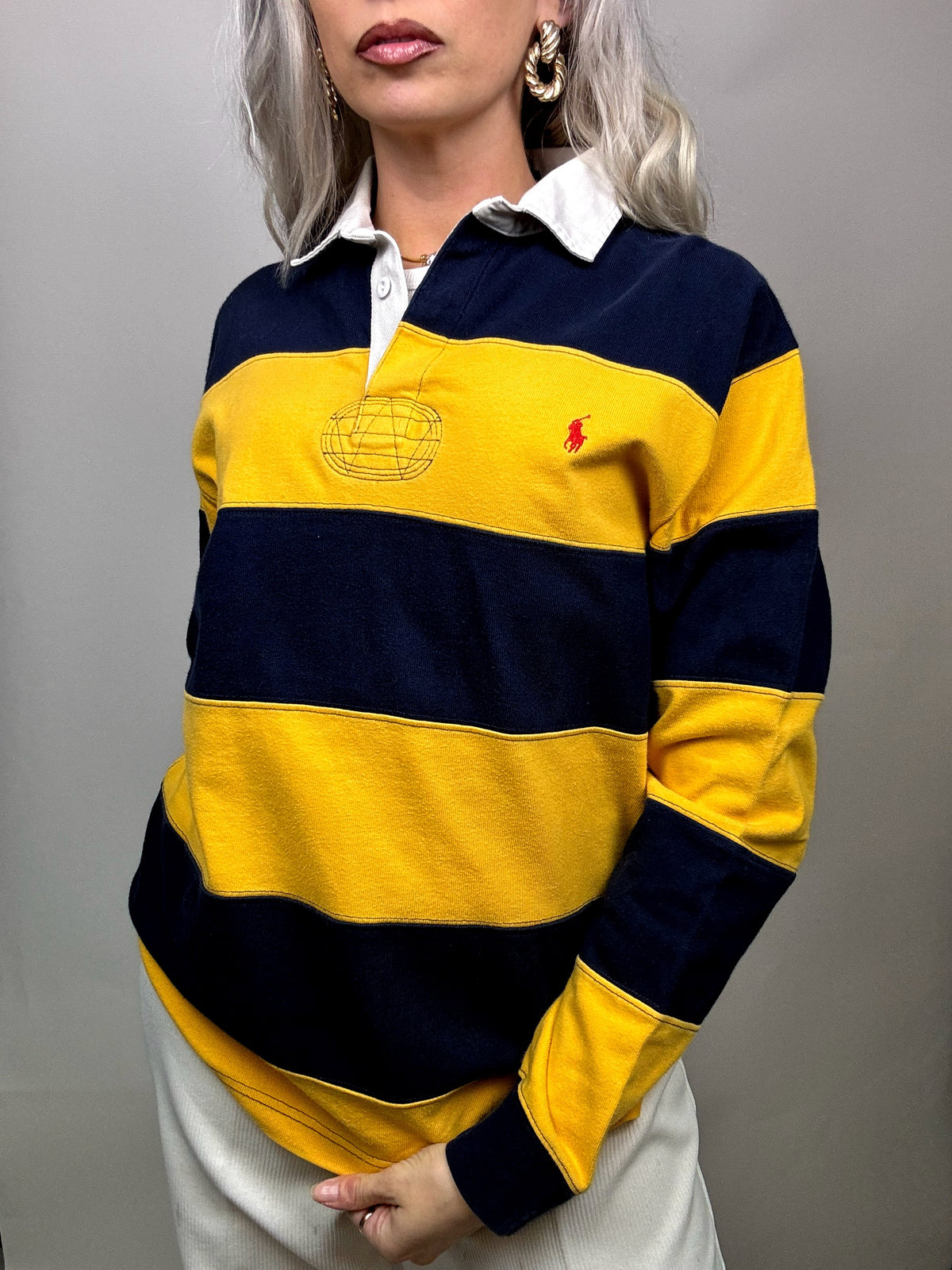 Vintage Ralph Lauren Yellow and Navy Long Sleeve Polo Shirt M