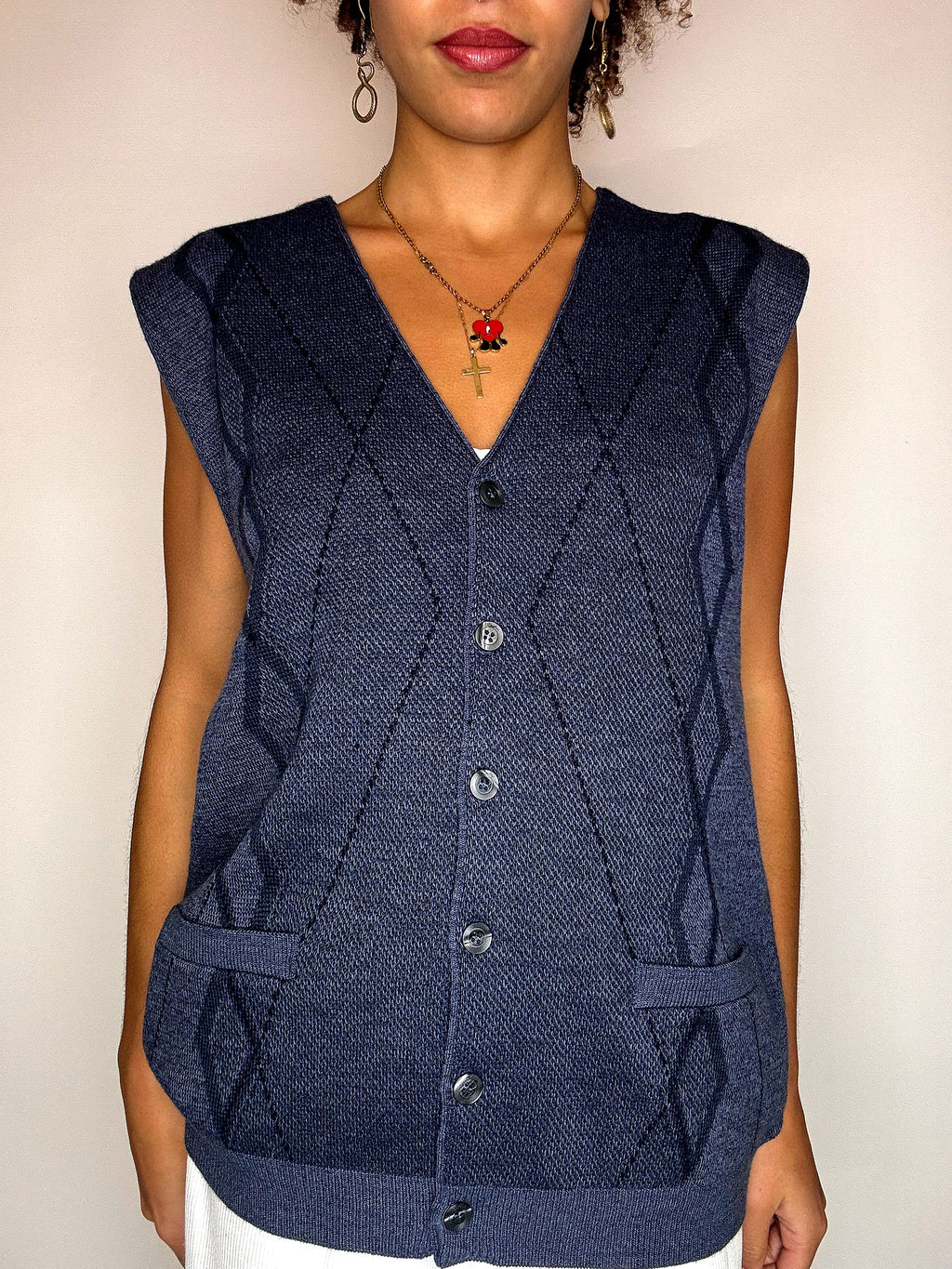 Vintage navy blue plaid knit vest L/XL