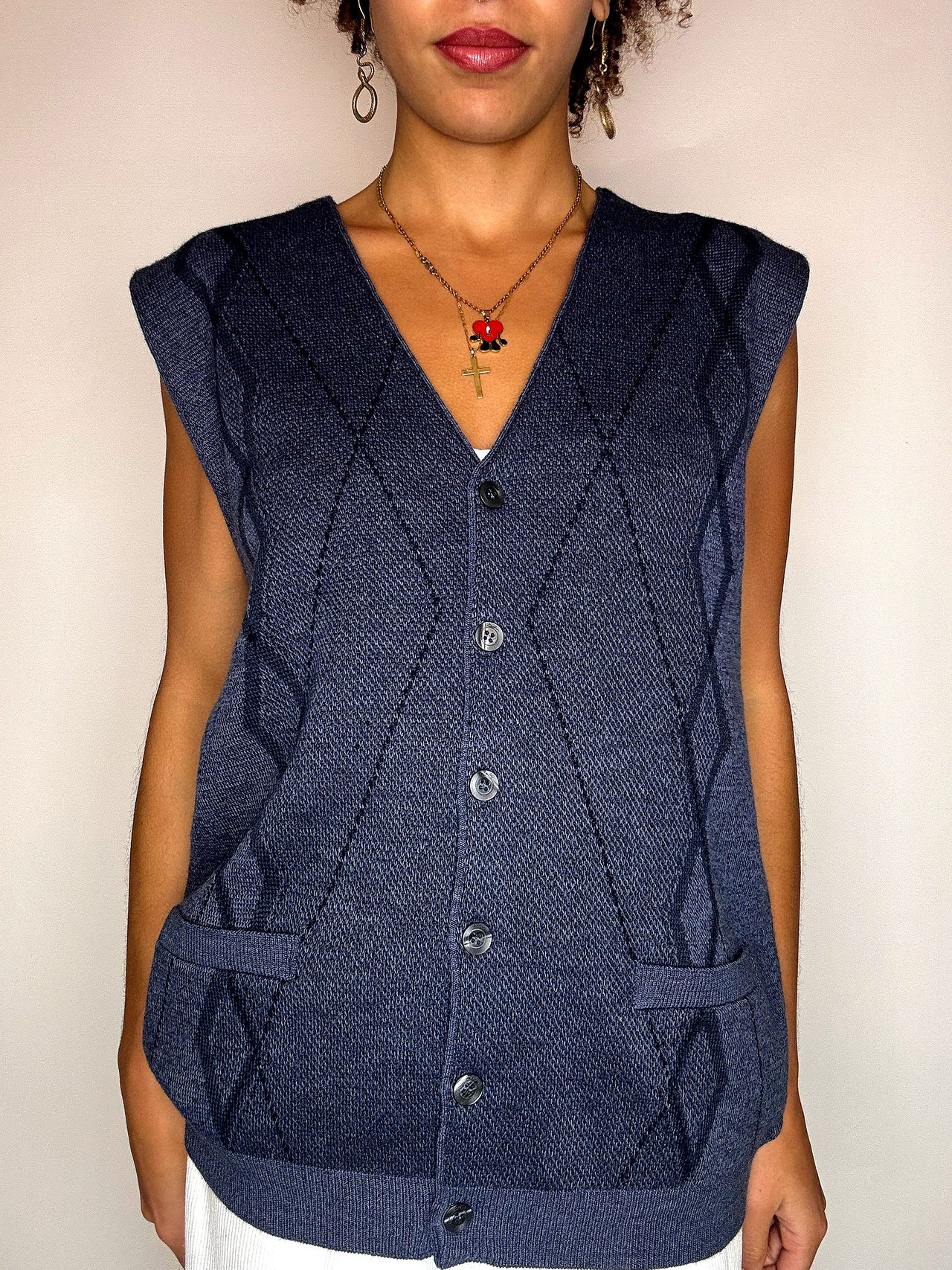 Gilet en maille bleu marine à carreaux L/XL vintage