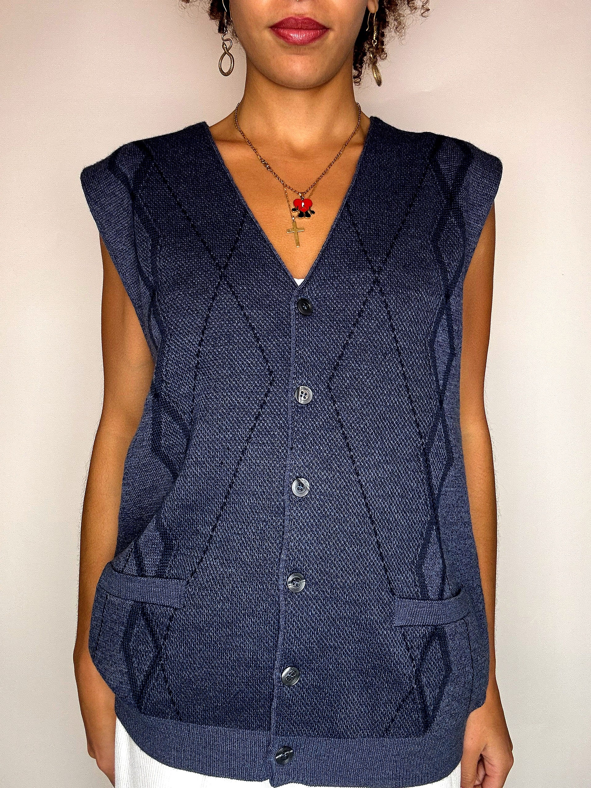 Vintage navy blue plaid knit vest L/XL