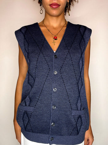 Gilet en maille bleu marine à carreaux L/XL vintage