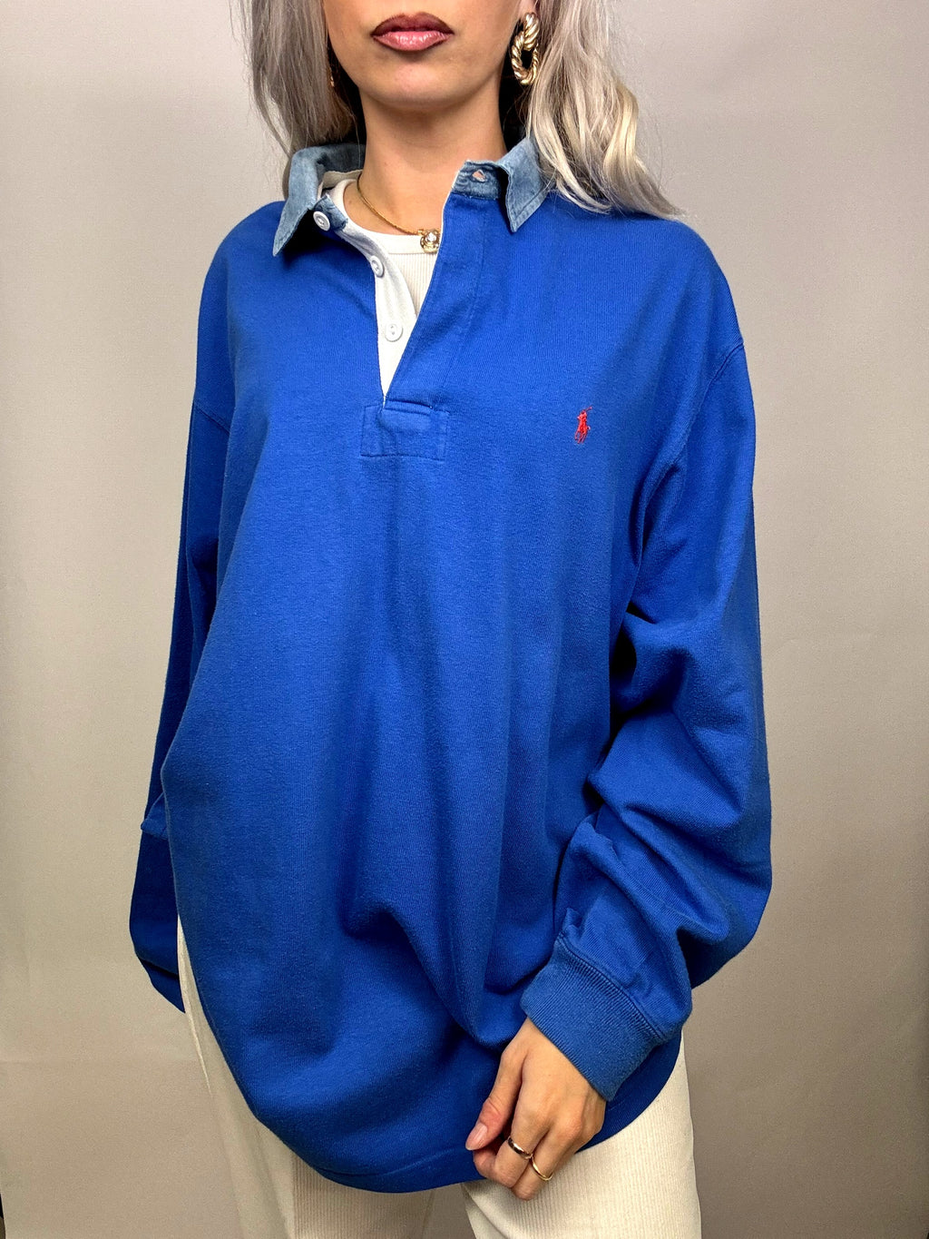 Long sleeve polo shirt L blue RALPH LAUREN vintage