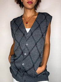 Vintage graue karierte Strickweste, Größe L/XL