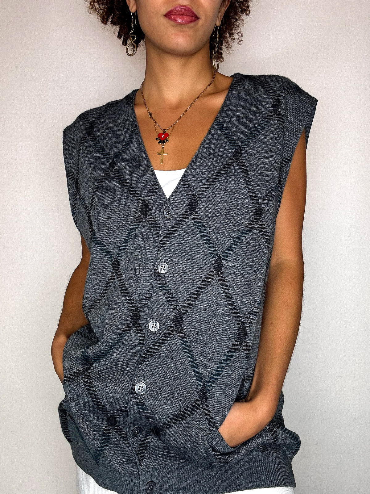 Vintage graue karierte Strickweste, Größe L/XL