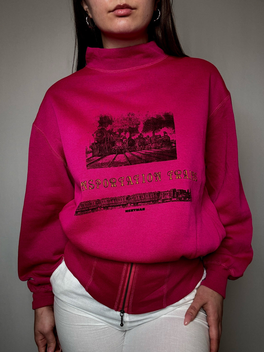 Sweat cintré imprimé rose M vintage