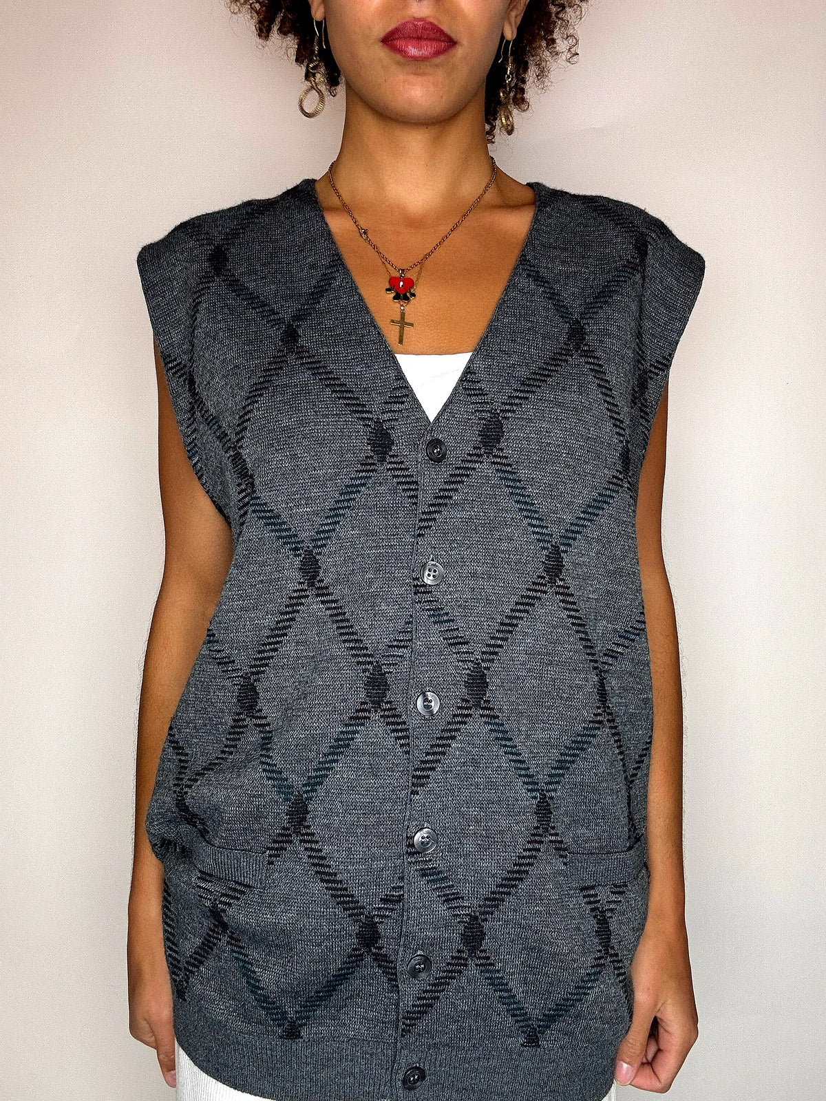 Vintage graue karierte Strickweste, Größe L/XL