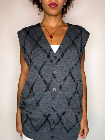 Gilet en maille gris à carreaux L/XL vintage
