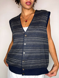 Vintage-Strickweste in Marineblau mit Karomuster, Größe L/XL